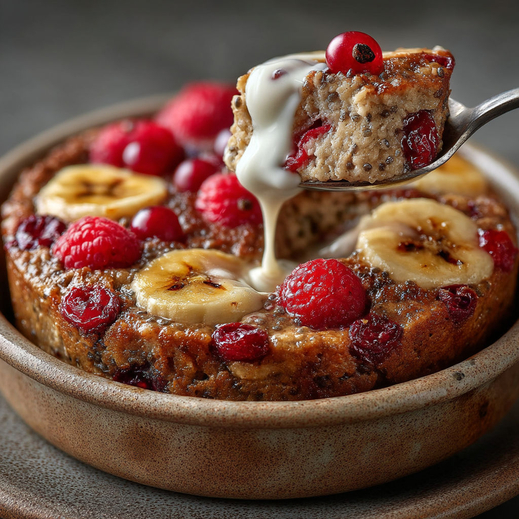 A bowl of cake with bananas and berries.