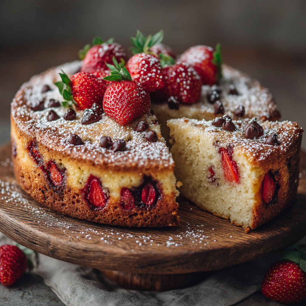 A slice of cake with strawberries and chocolate on top.