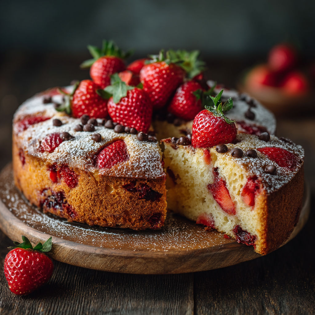 A slice of cake with strawberries on top.