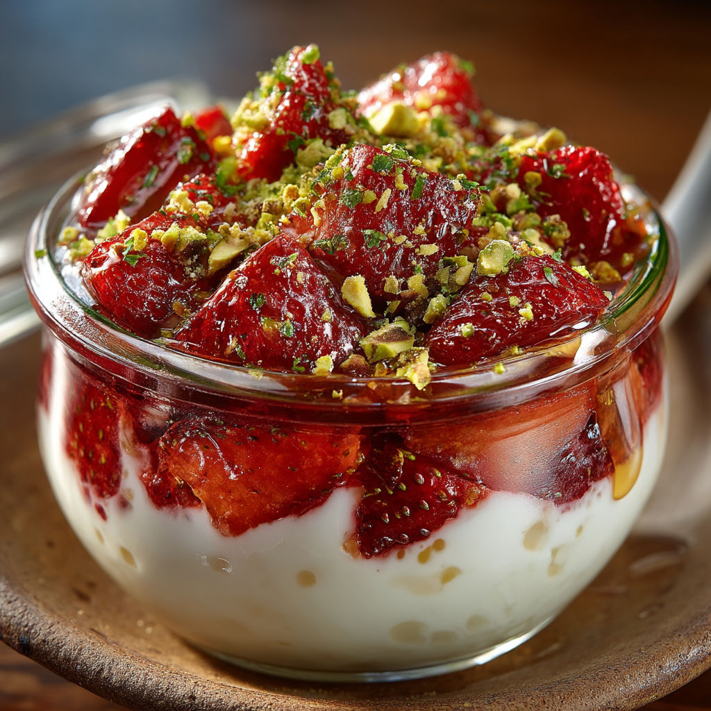 A bowl of strawberries with a white sauce.