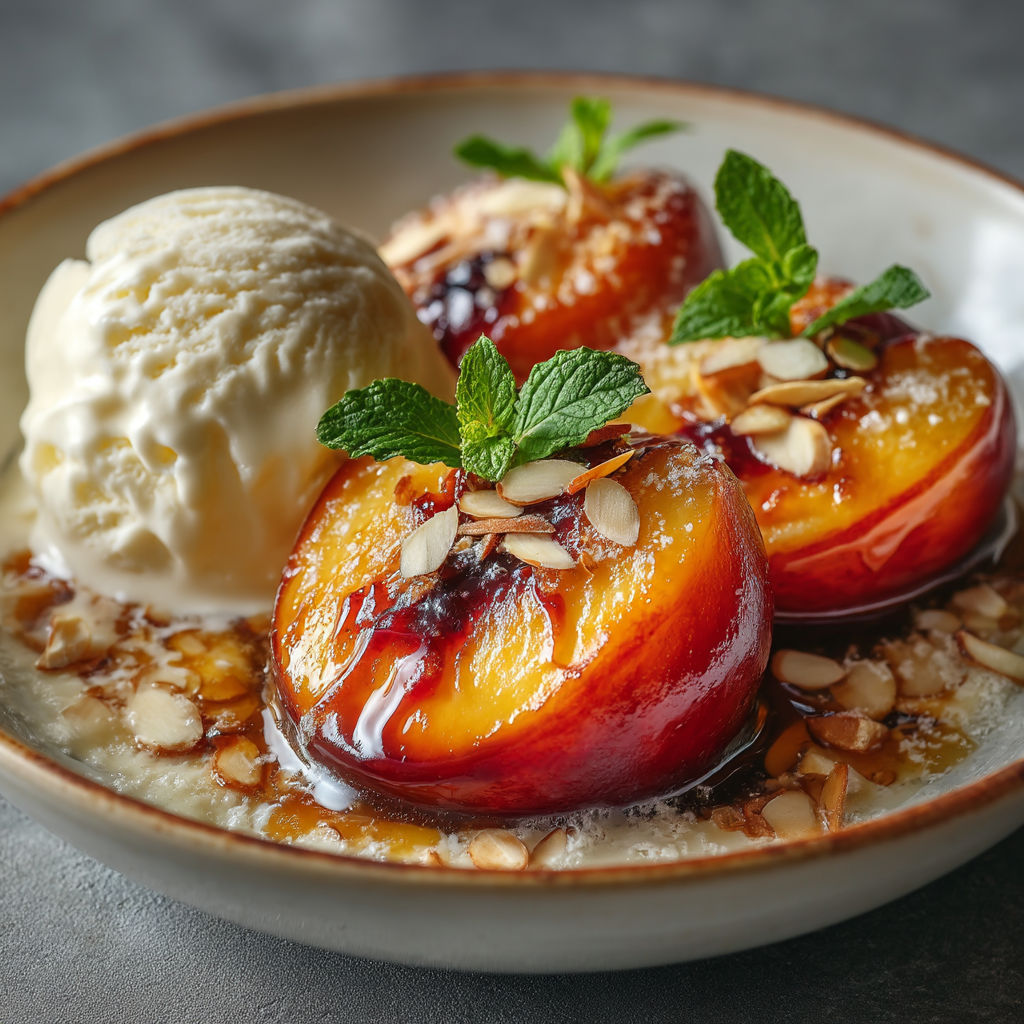 A bowl of food with a peach and a scoop of ice cream.