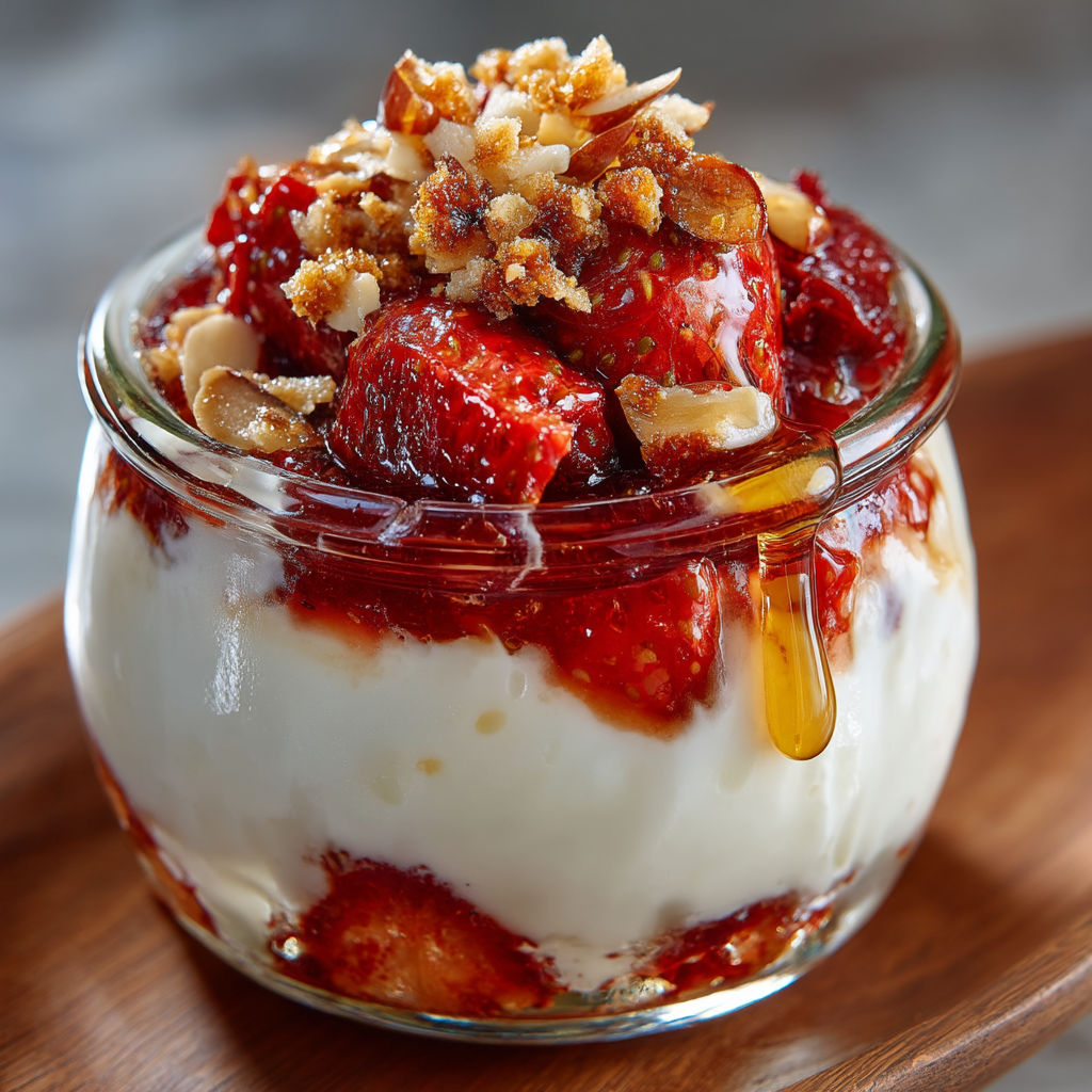 A glass bowl filled with strawberries and whipped cream.