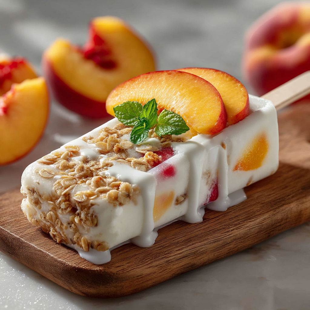 A wooden board with a glace au yaourt, pêche & granola dessert on it.
