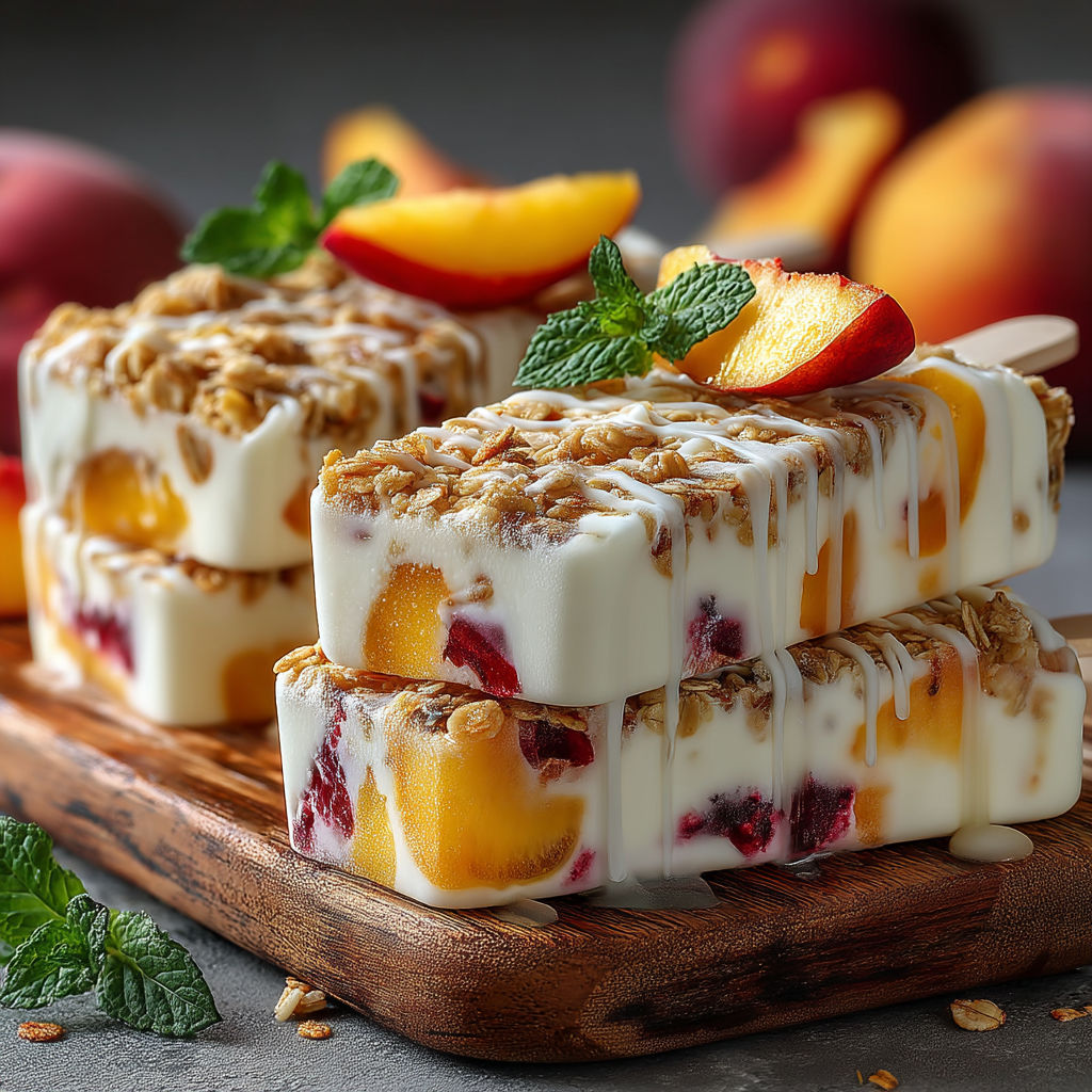 A wooden cutting board with a peach and a cake on it.
