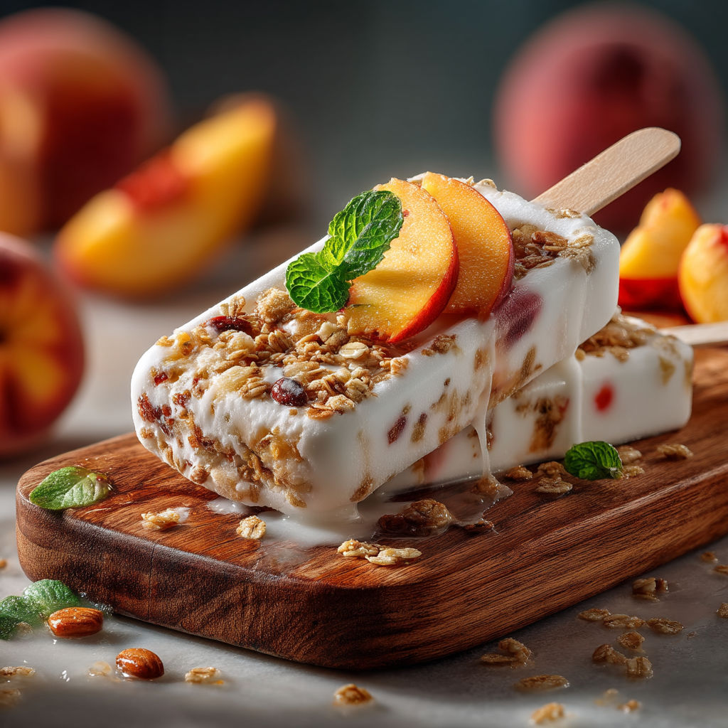 A wooden table with a peach and a peach ice cream sandwich.