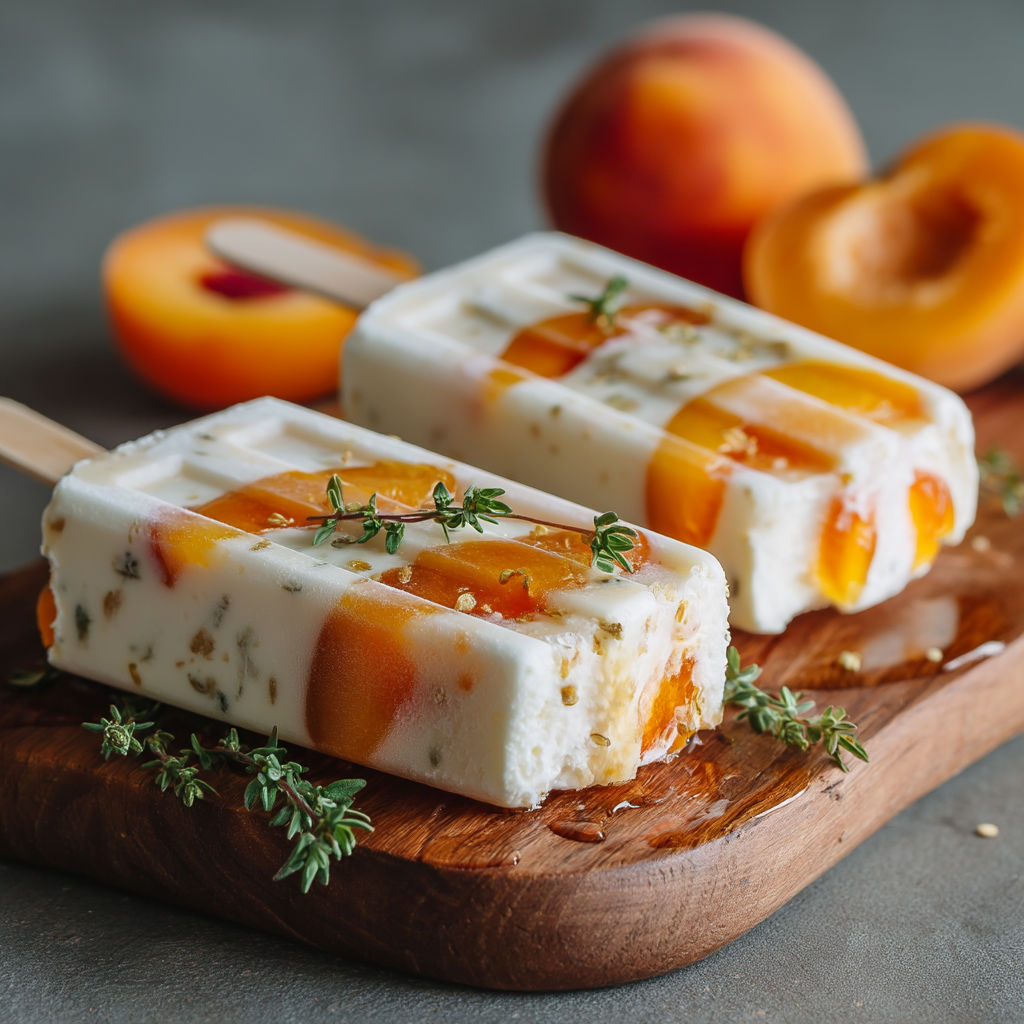 A wooden cutting board with two peach flavored ice cream bars.