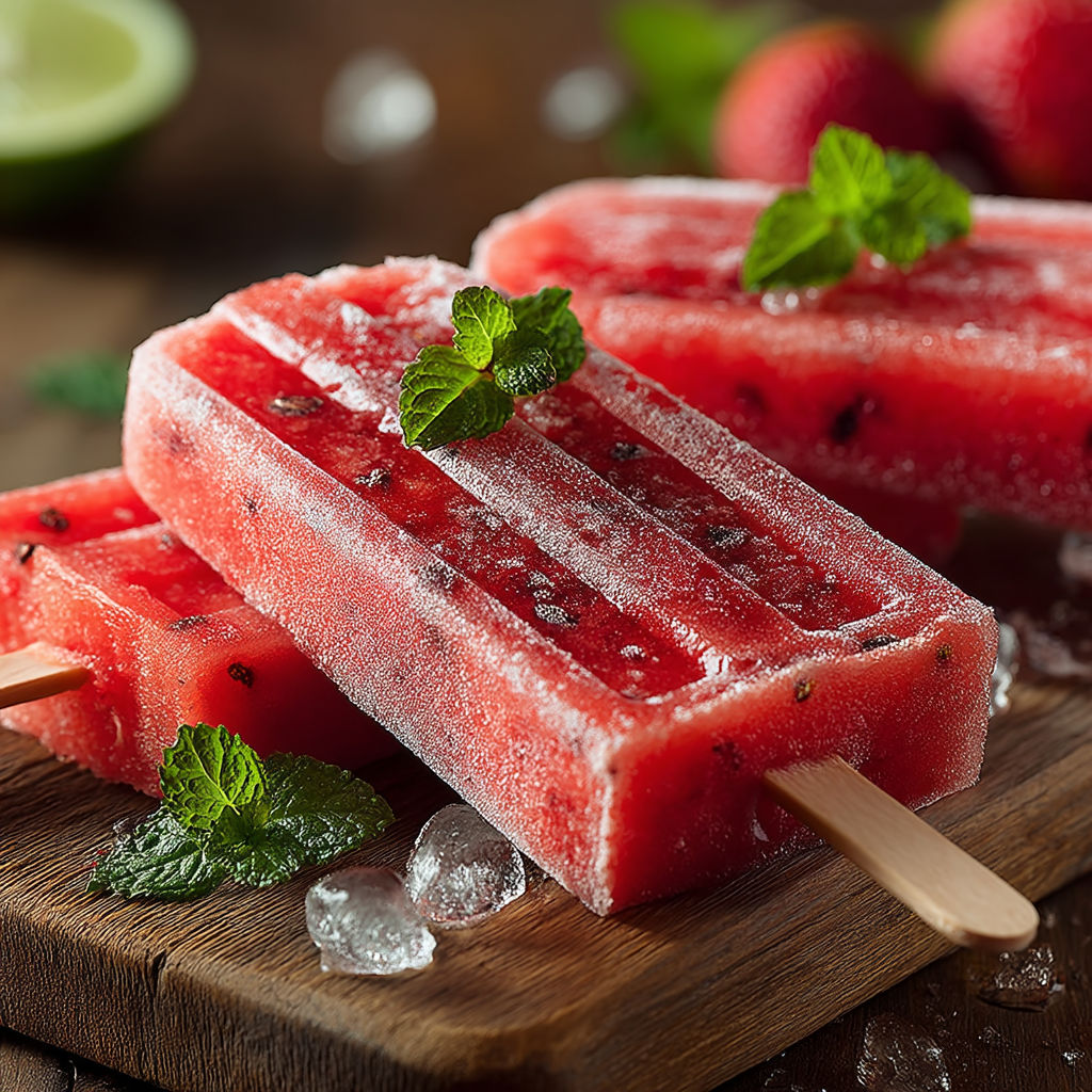 Two popsicles with mint leaves on top.
