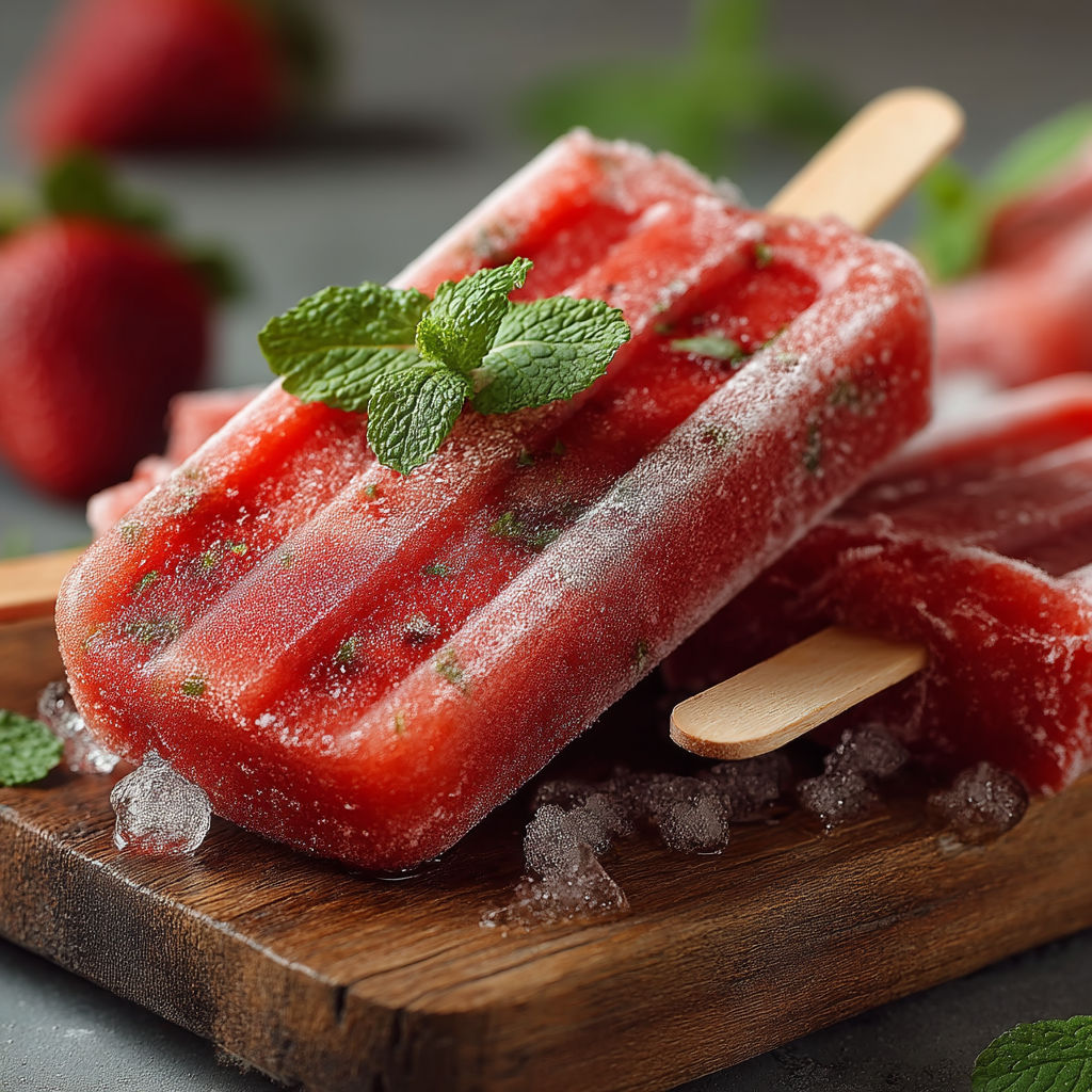 A wooden board with two sticks holding two pieces of red frozen fruit.
