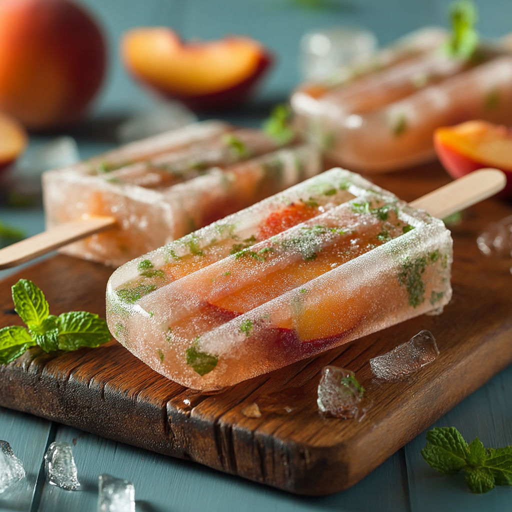 A wooden cutting board with a peach on it.