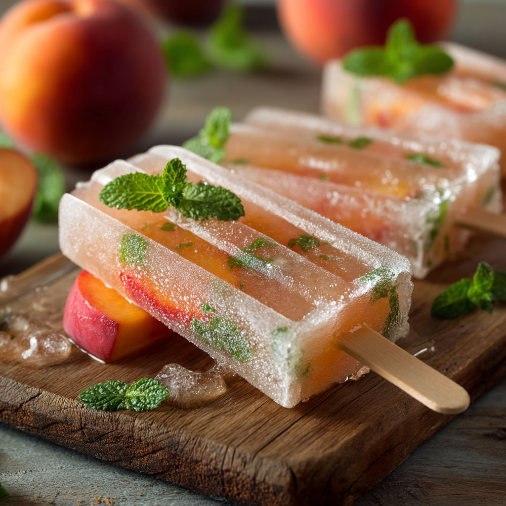 A wooden table with a peach and mint flavored popsicle.