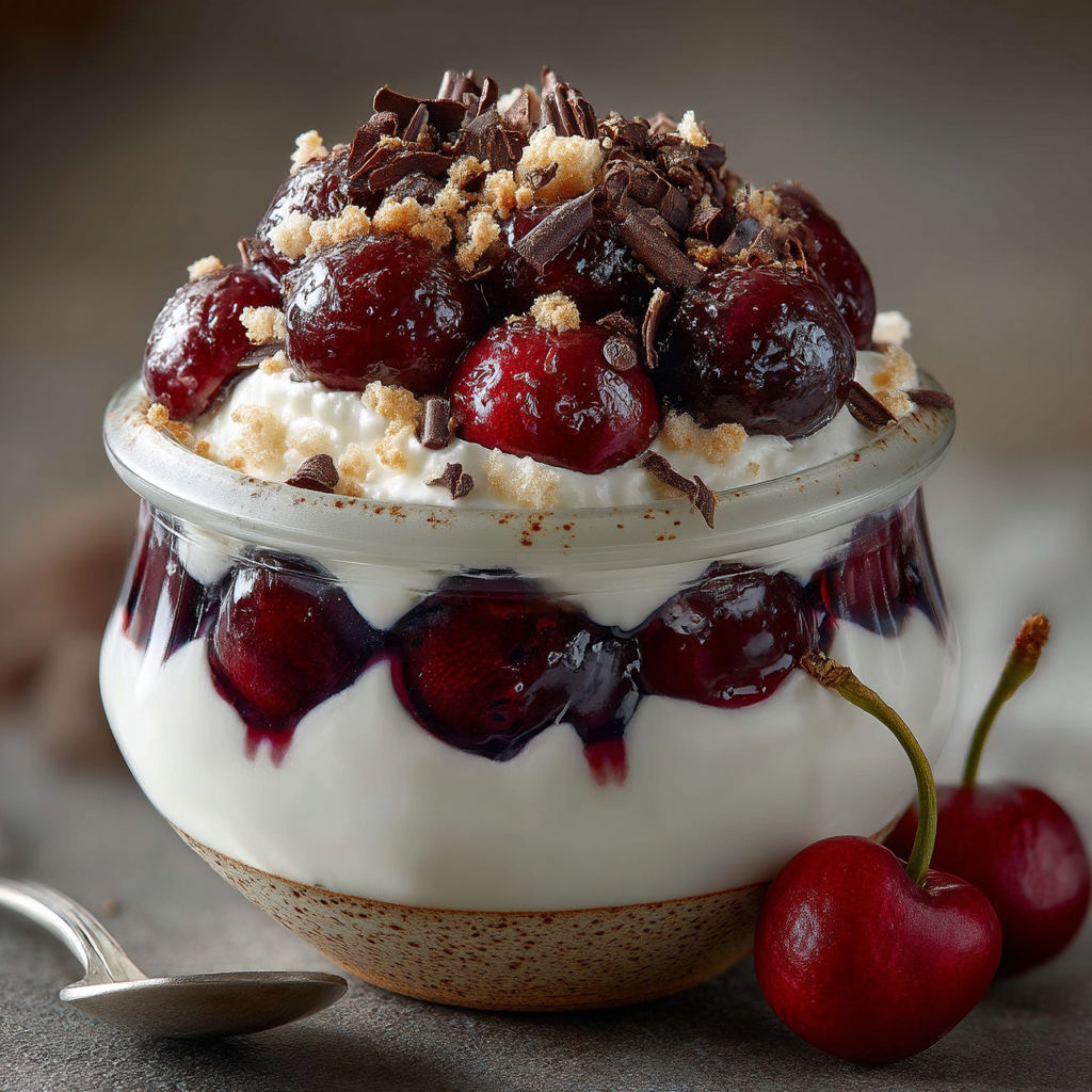 Cherry dessert with chocolate and whipped cream.
