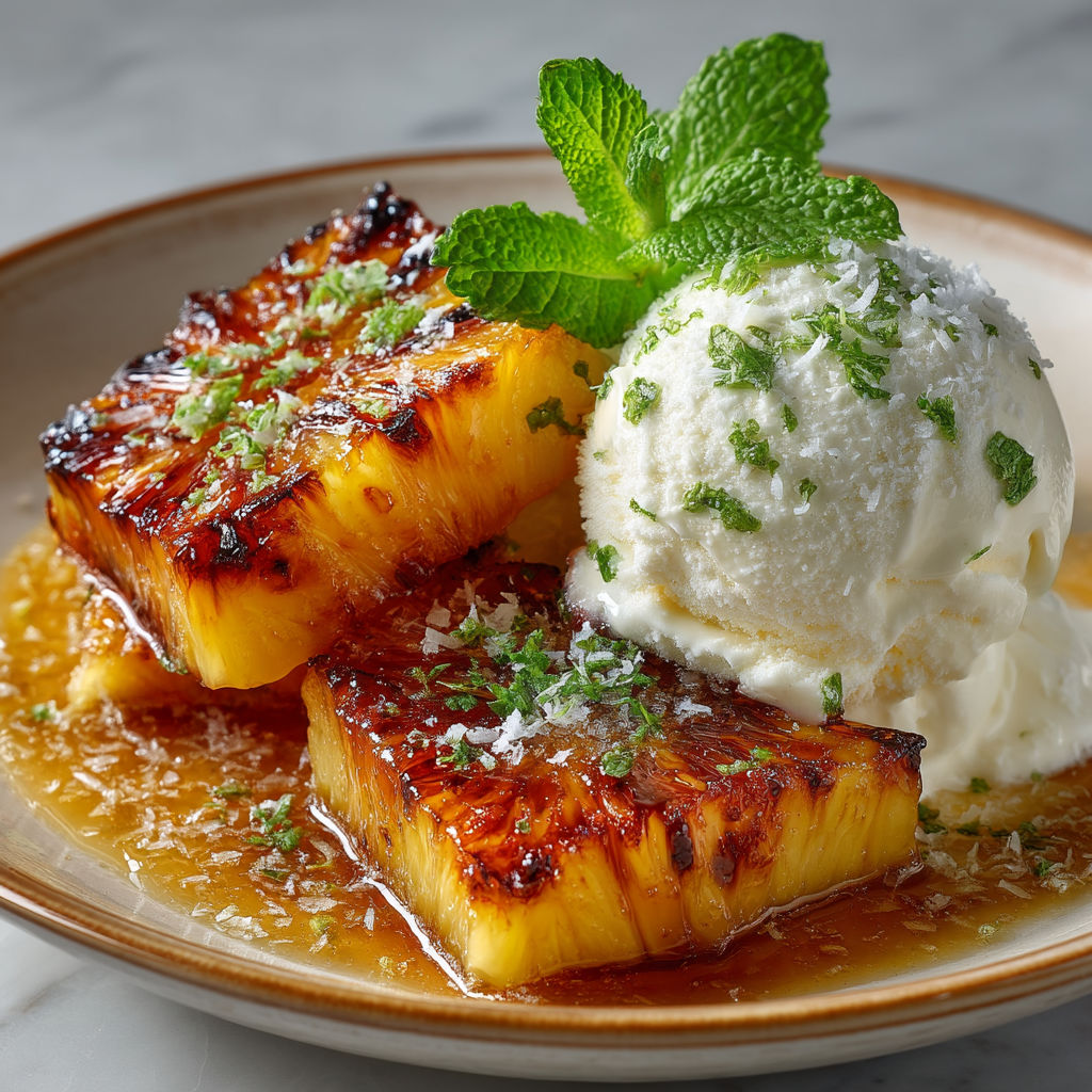 A plate of food with a pineapple slice and a scoop of ice cream.