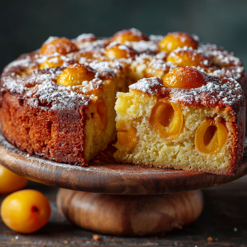 A slice of a cake with mirabelles on top.