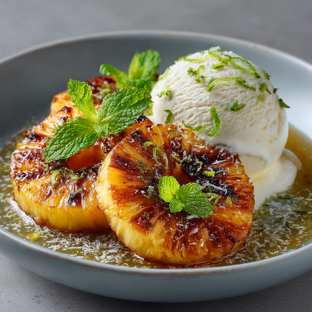 A bowl of food with a pineapple slice and a scoop of ice cream.