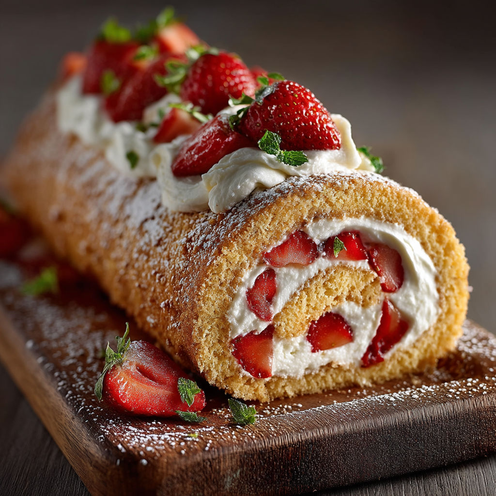 A dessert roll with strawberries and whipped cream.