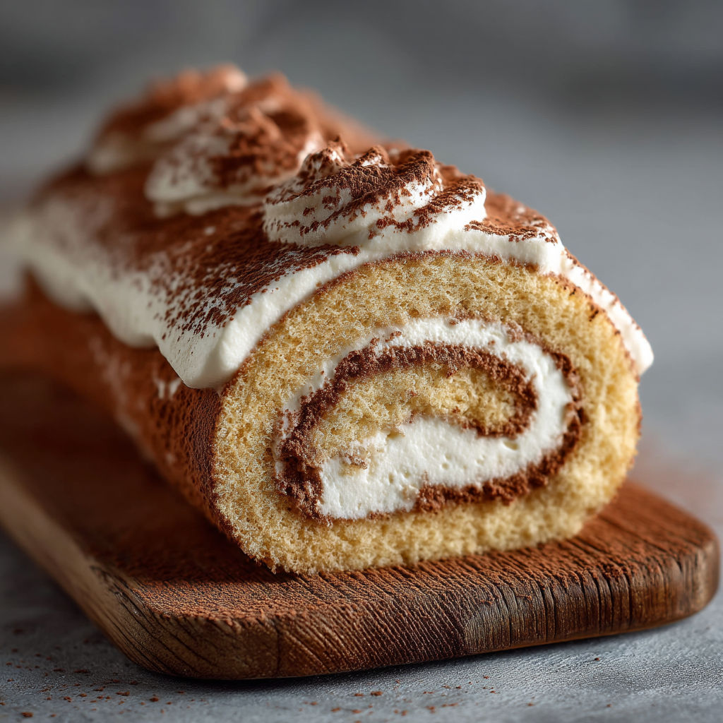 A cake roll with white icing and chocolate drizzle.