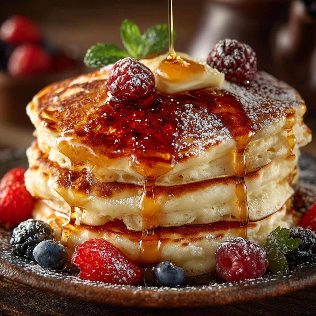 A stack of pancakes with syrup and berries.