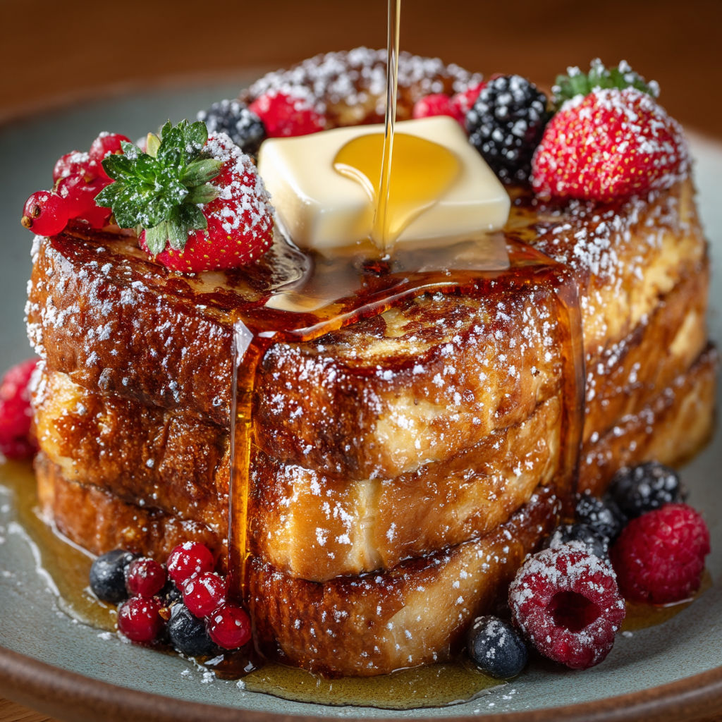 A stack of French toast with butter and syrup.