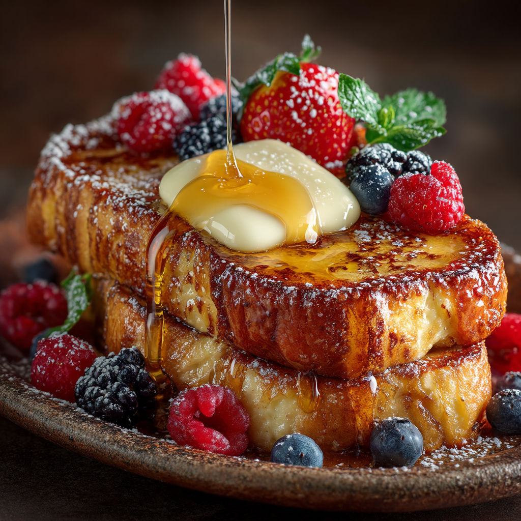 A stack of French toast with fruit on top.