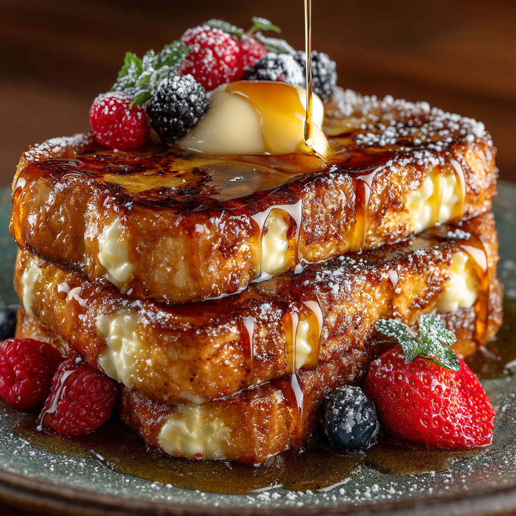 A stack of French toast with fruit on top.