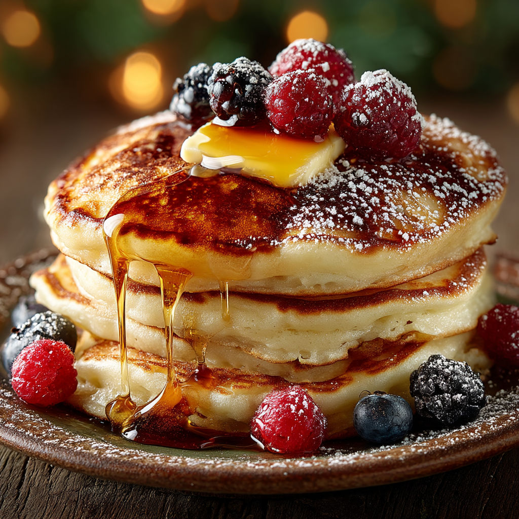 A stack of pancakes with syrup and berries on top.