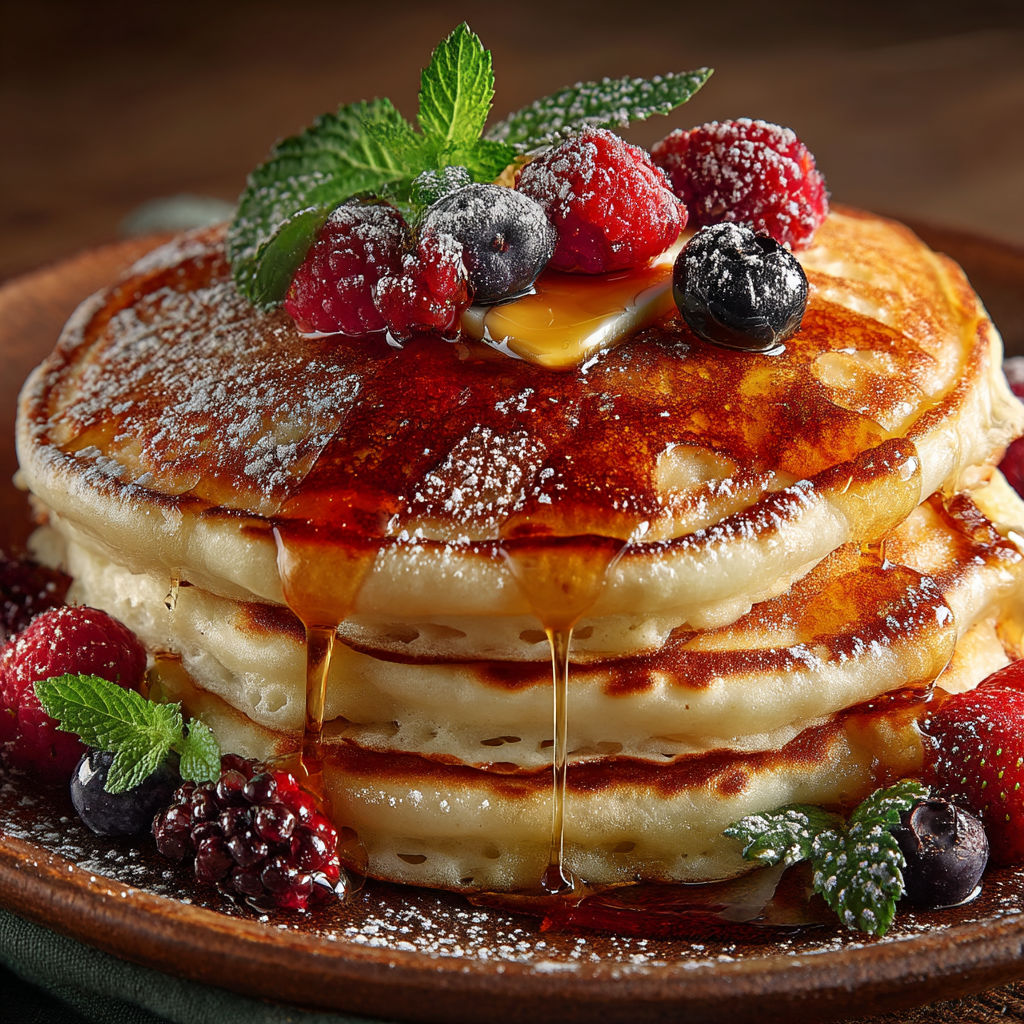 A stack of pancakes with berries and syrup.