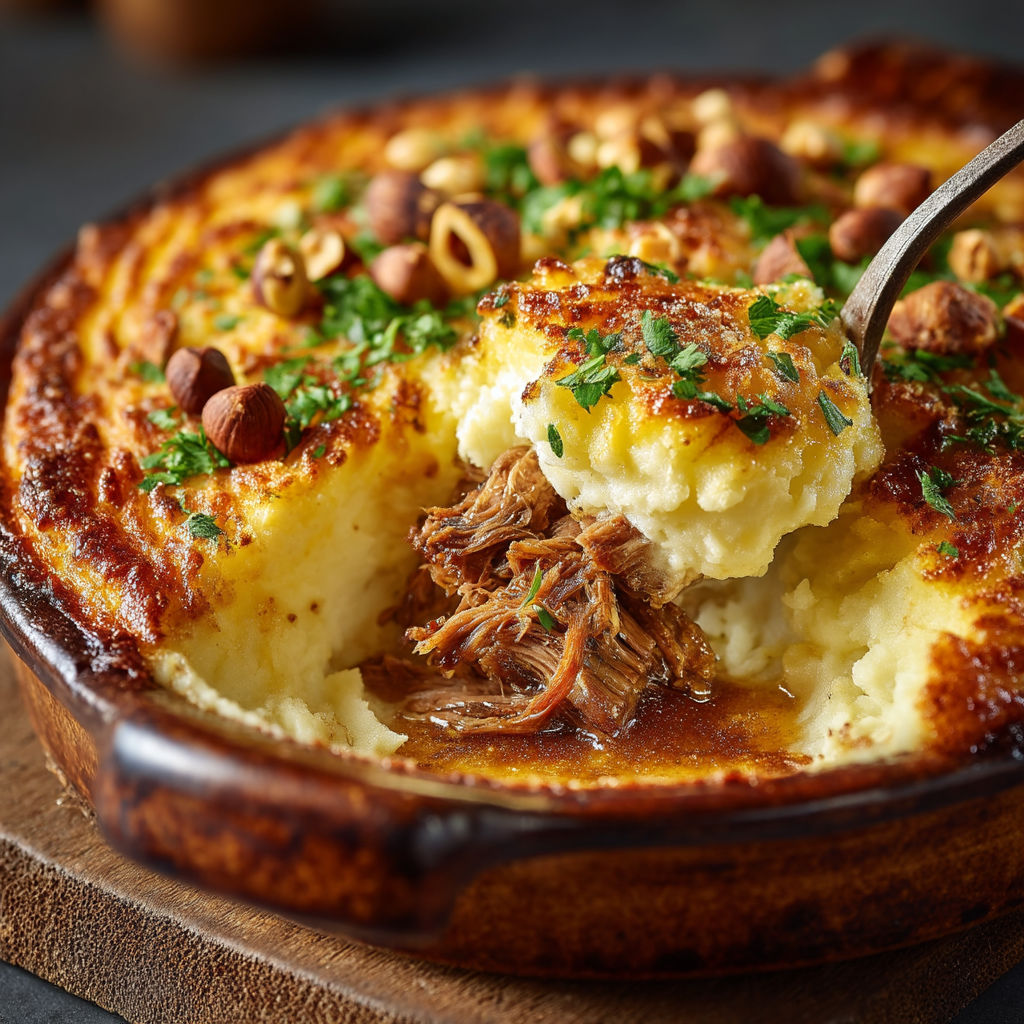 A close up of a delicious looking Parmentier de canard.