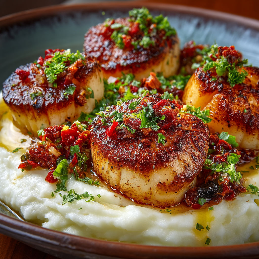 A plate of food with chorizo and Saint-Jacques.