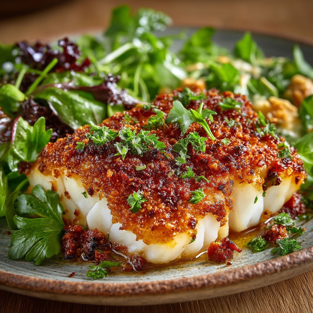 A plate of food with cabillaud en croûte de chorizo.