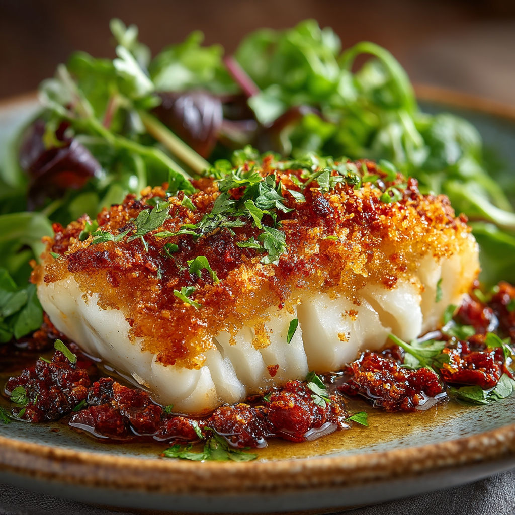 A plate of food with a piece of fish and a salad.