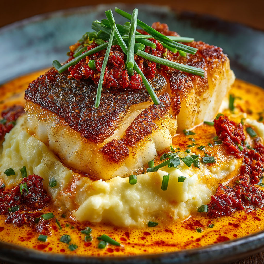 A plate of food with a fish on top.