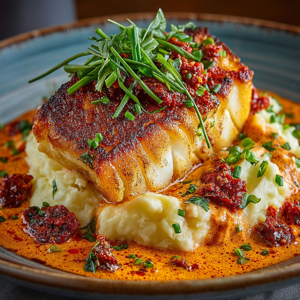 A plate of food with a fish on top.