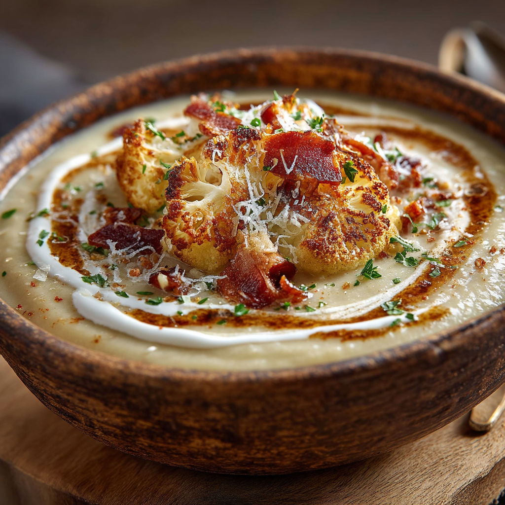 A bowl of soup with bacon and cheese.