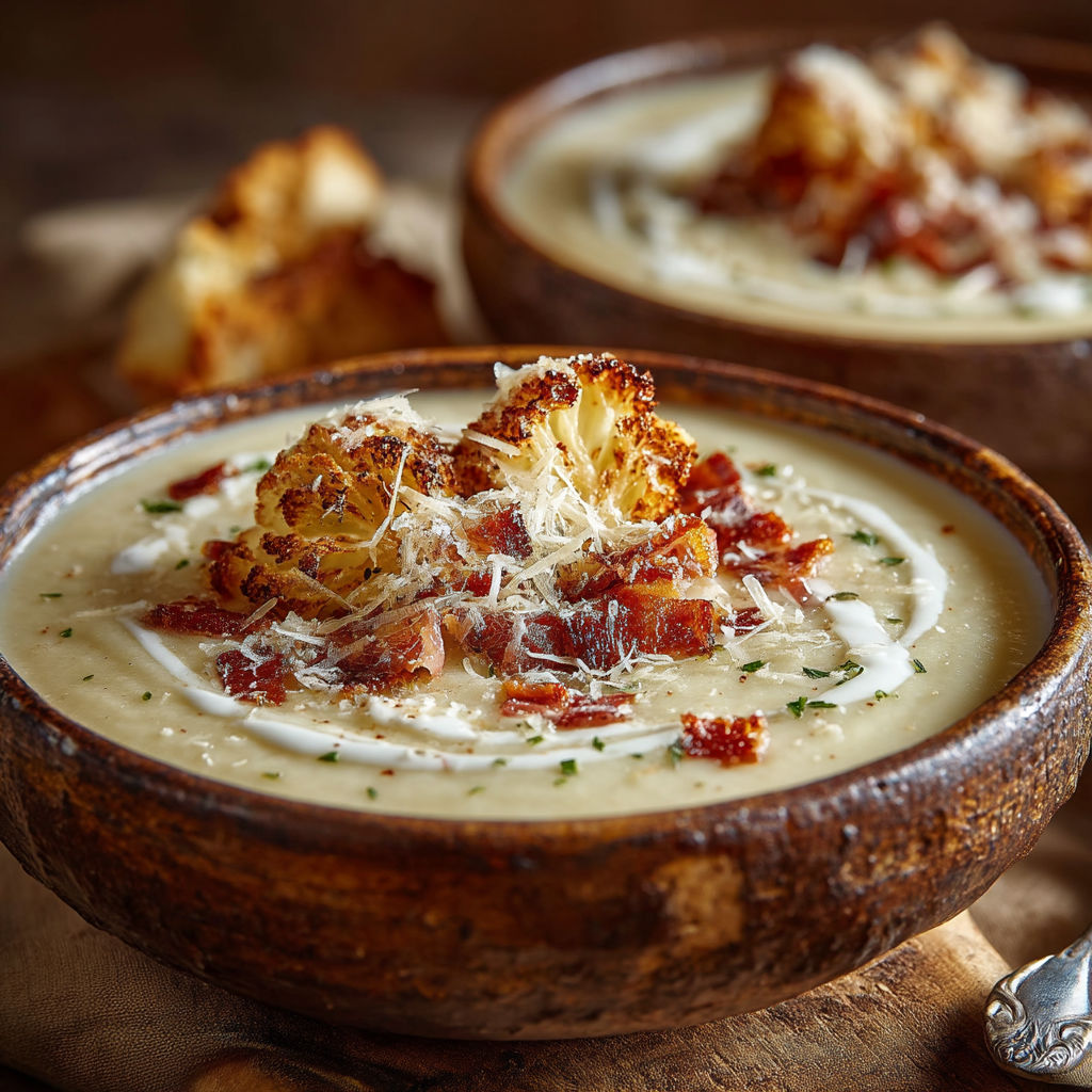 A bowl of soup with bacon and cheese.
