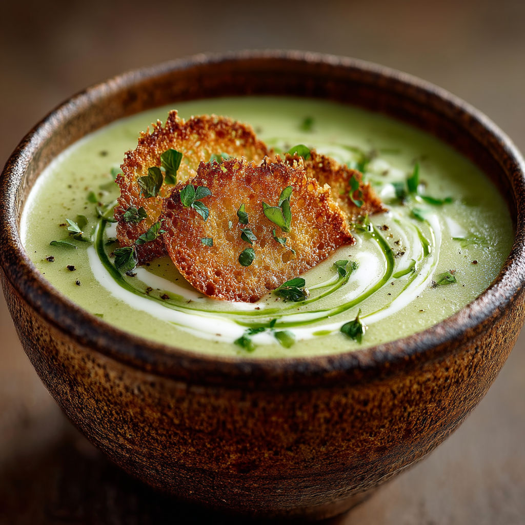 A bowl of soup with a spoon in it.