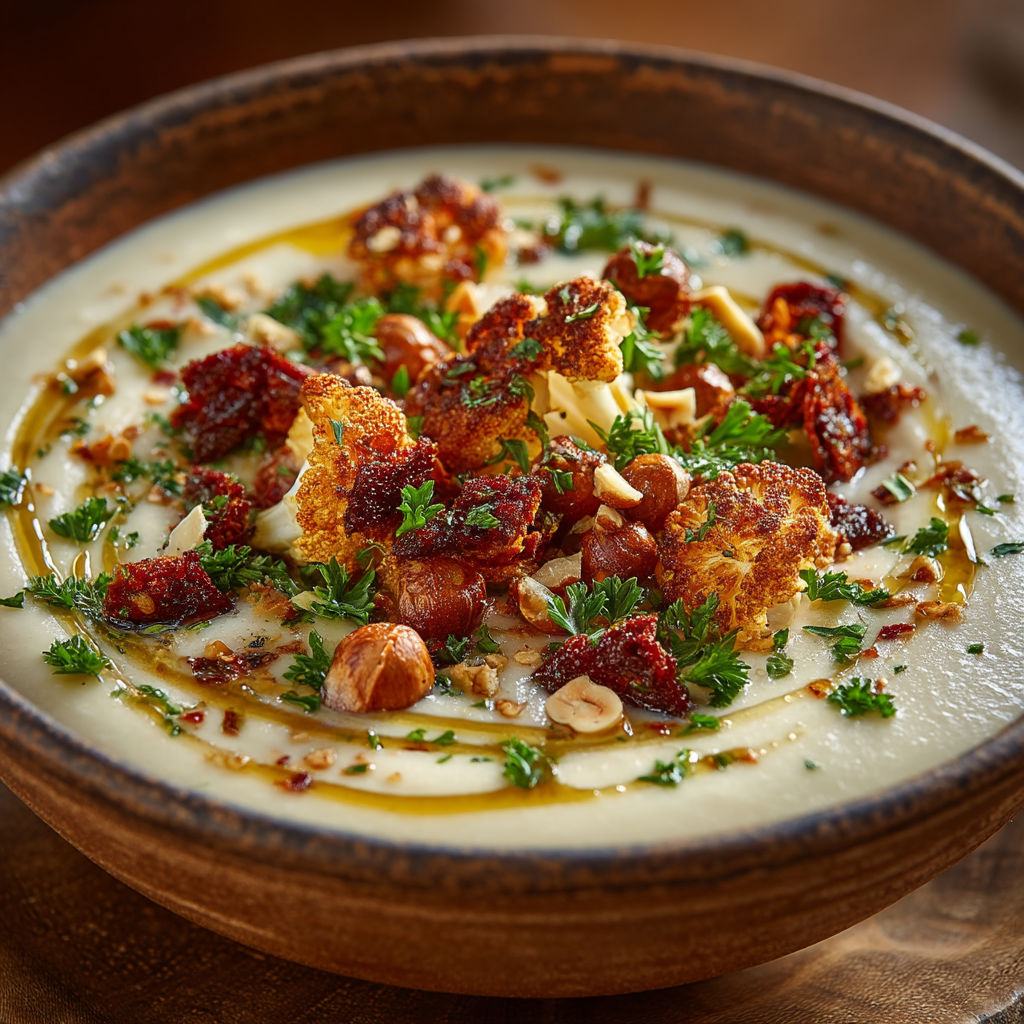 A bowl of soup with various toppings.