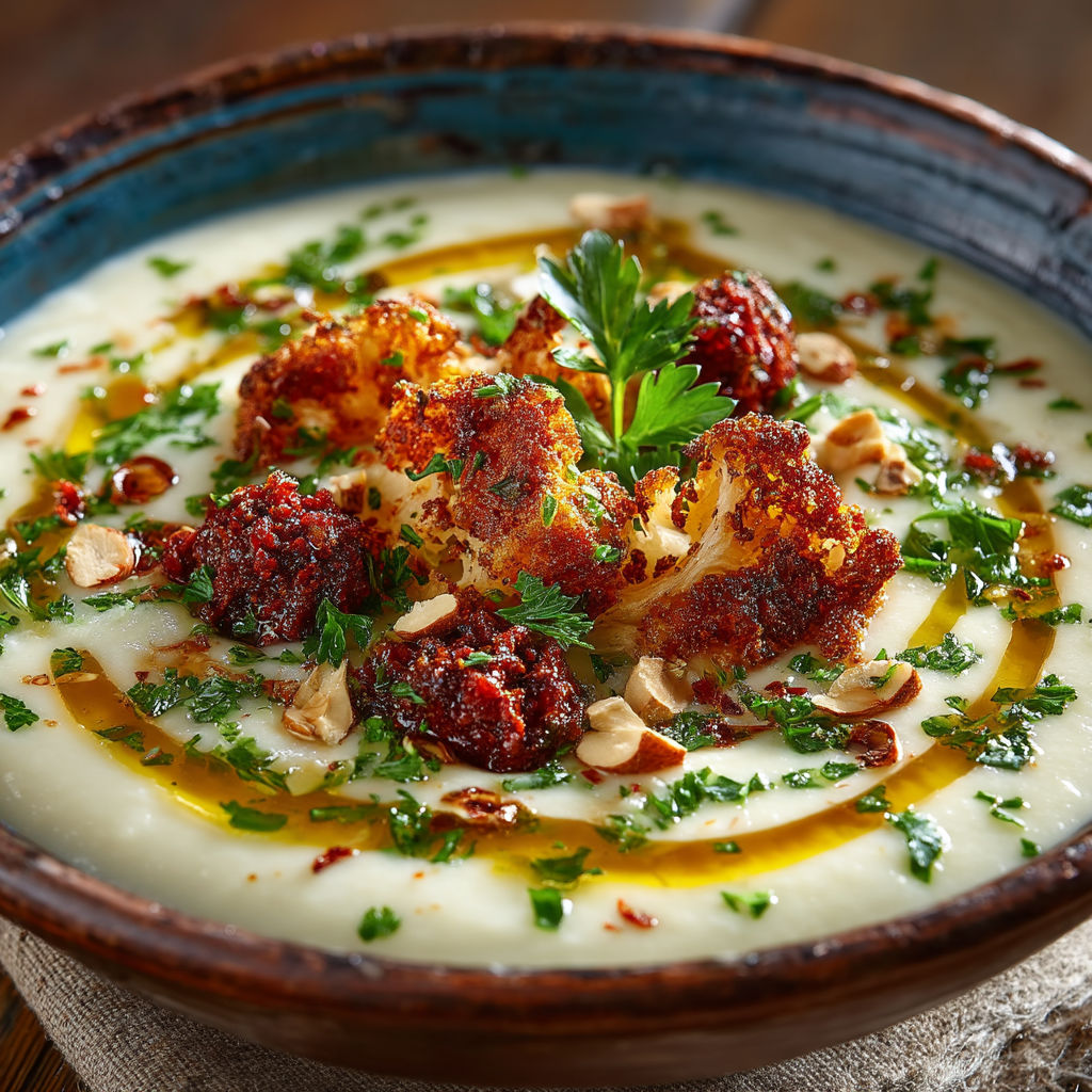 A bowl of soup with vegetables and nuts.