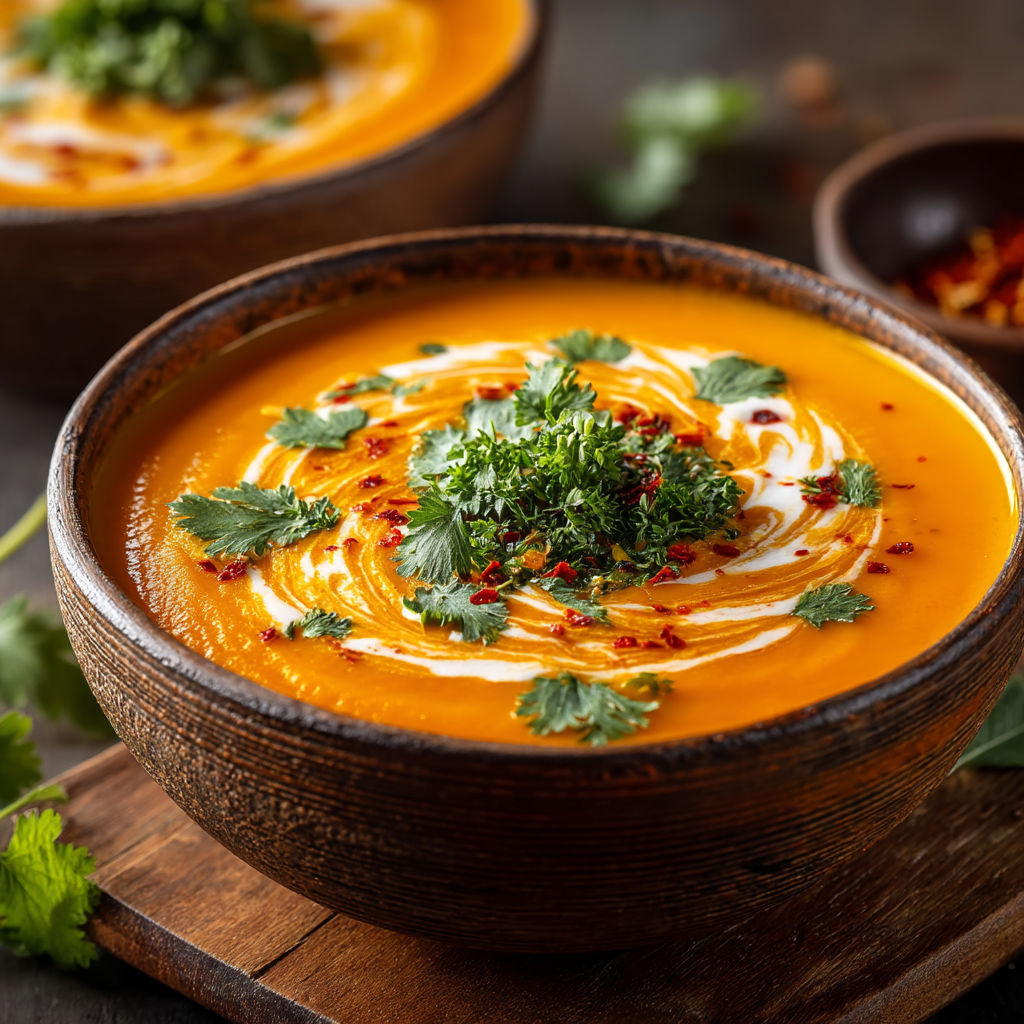 A bowl of soup with a green garnish.