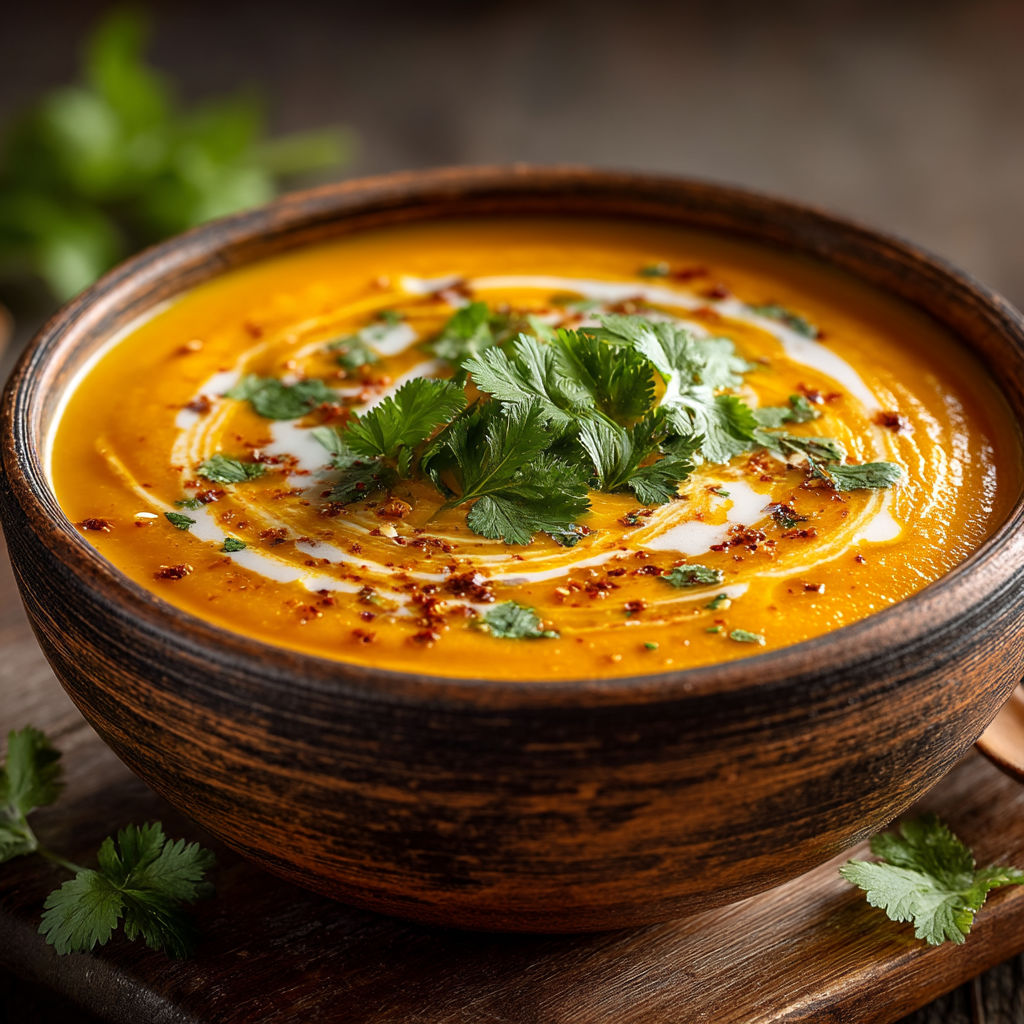 A bowl of soup with a spoon in it.