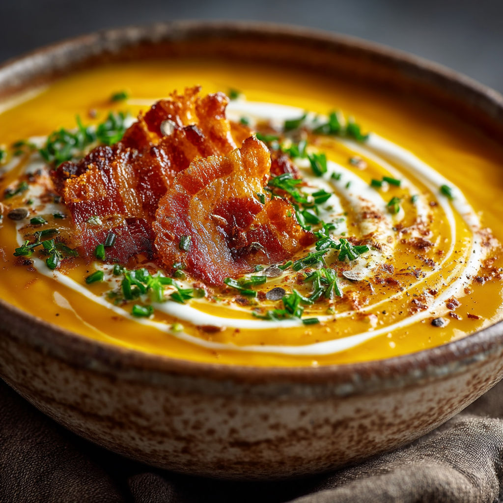 A bowl of soup with bacon and herbs.
