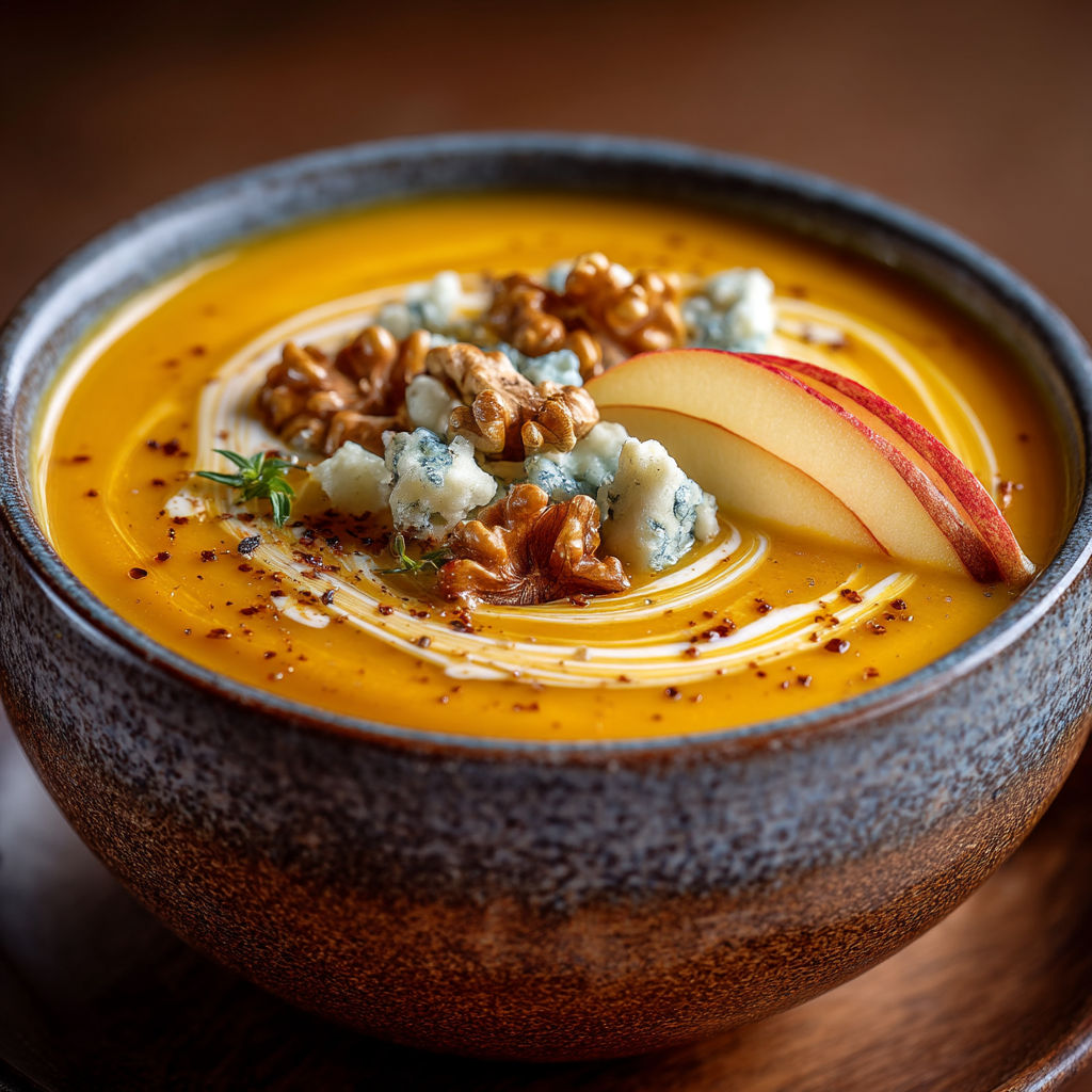 A bowl of soup with a spoon in it.