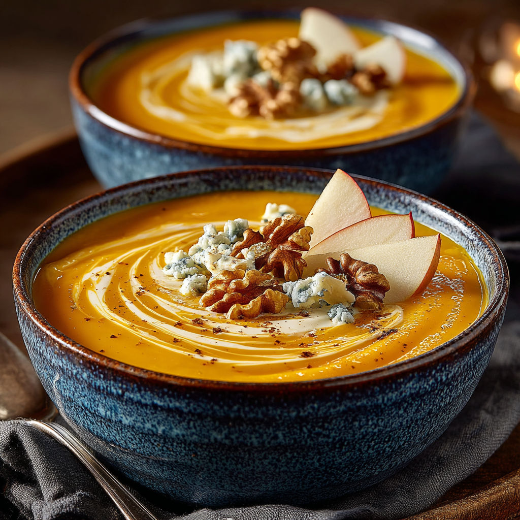 Two bowls of soup with butternut squash and walnuts.