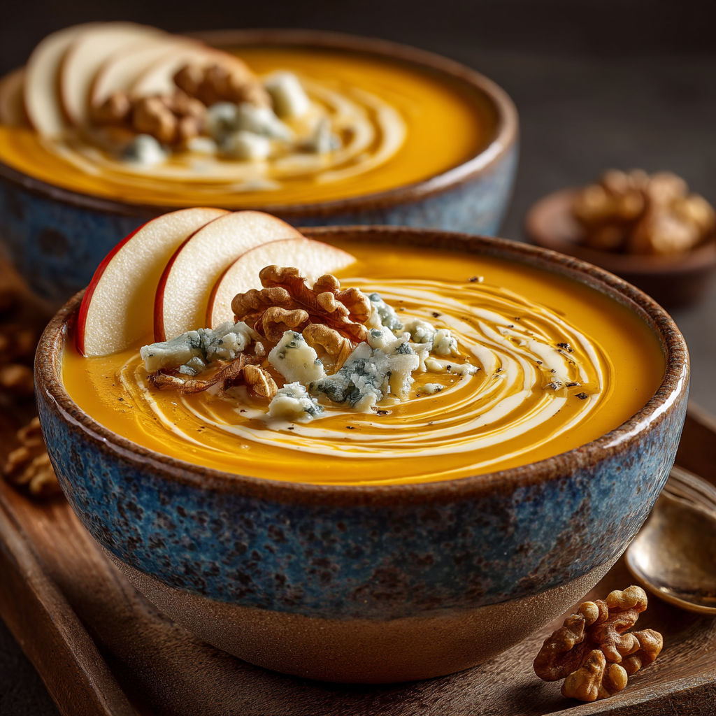 A bowl of soup with a spoon in it.