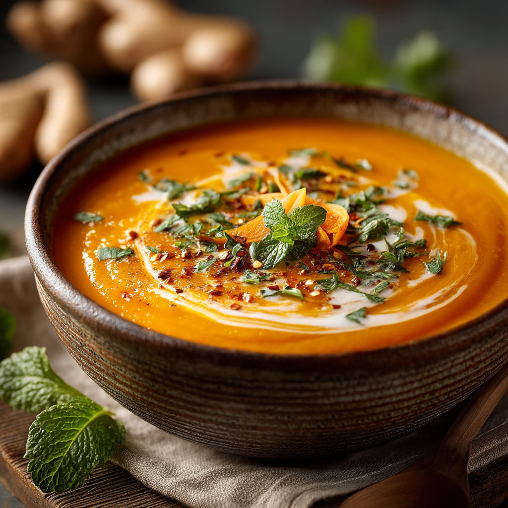 A bowl of soup with a spoon in it.