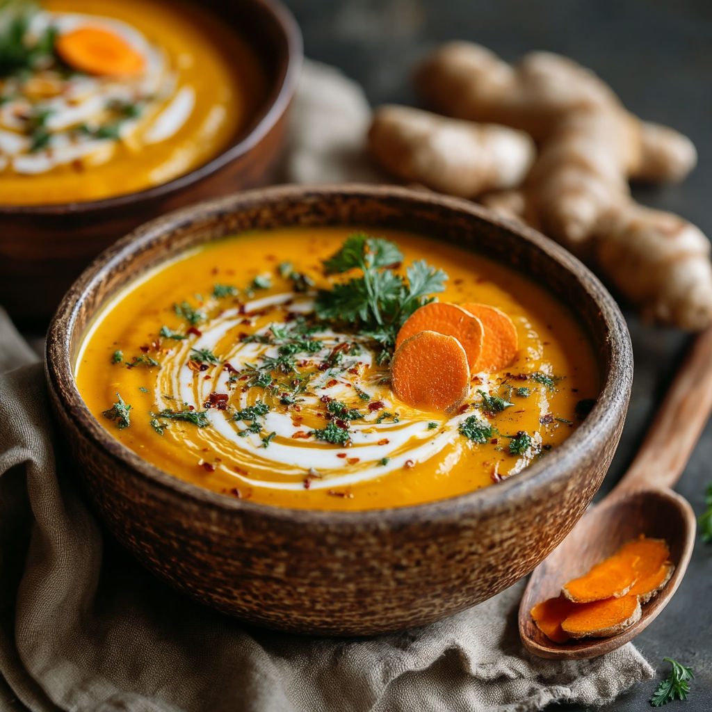 A bowl of soup with a spoon in it.