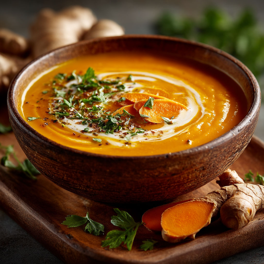 A bowl of soup with ginger and orange slices.