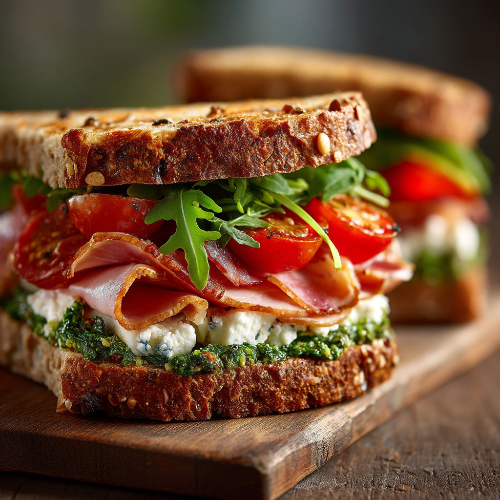 A sandwich with tomatoes, lettuce, and ham.