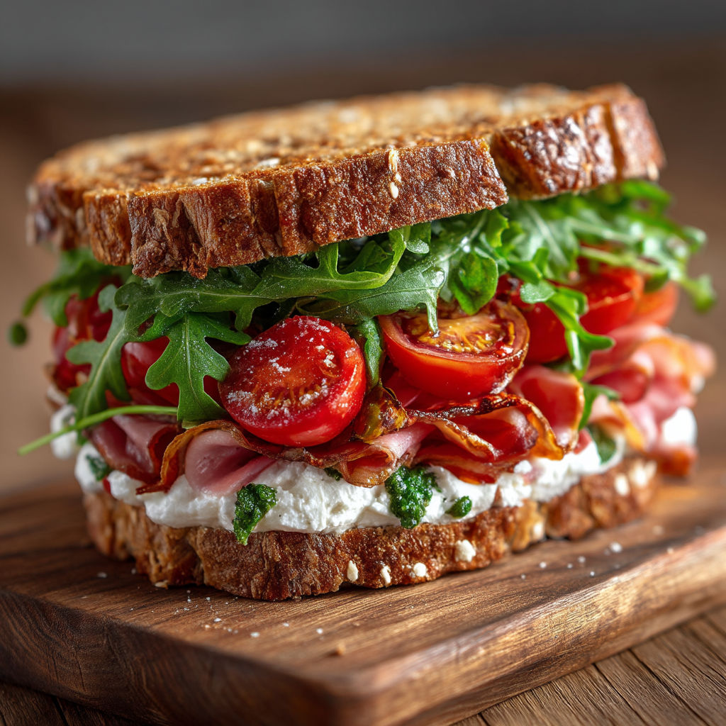 A sandwich with tomato, pesto, and bacon.