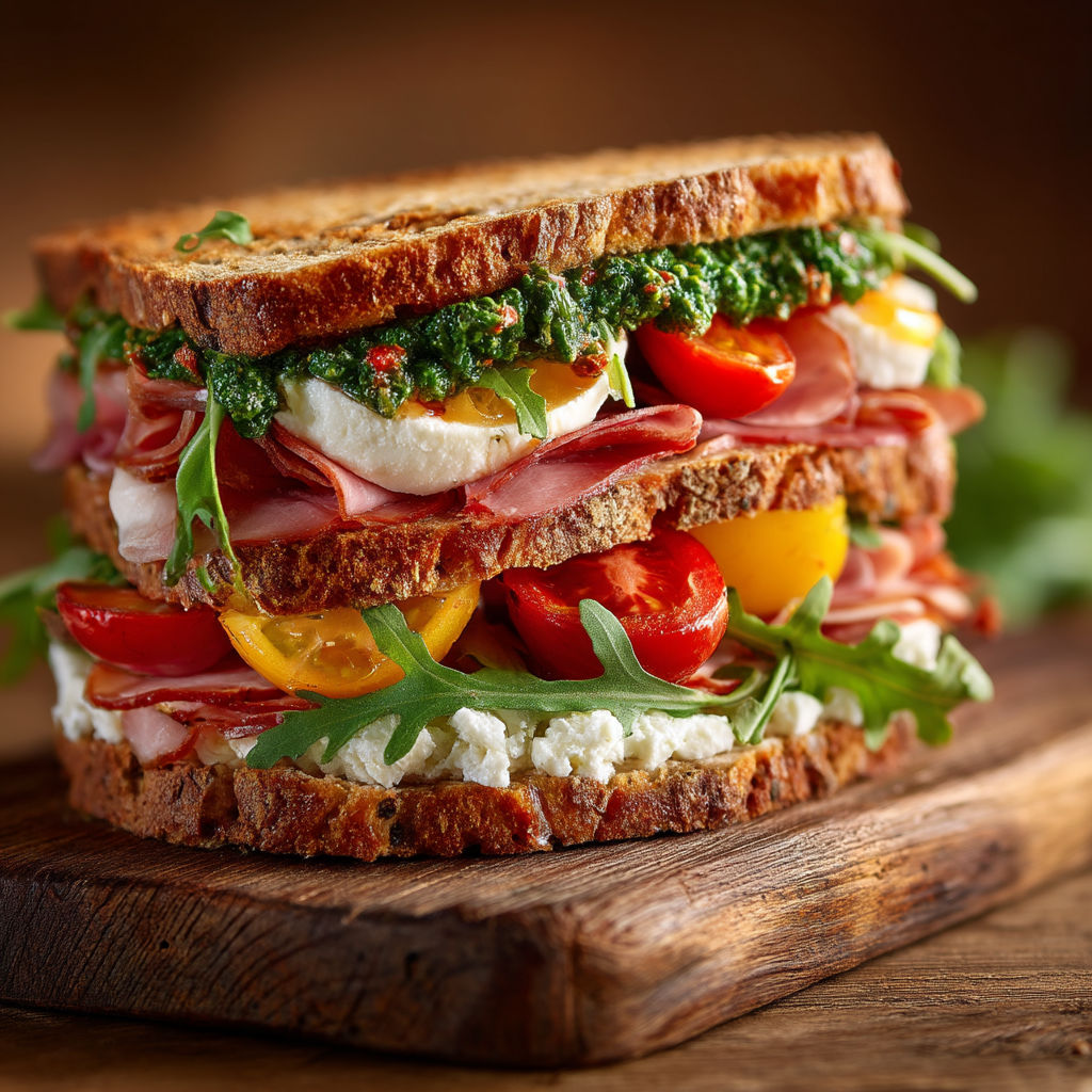 A sandwich with tomatoes, pesto, and ham on a wooden table.