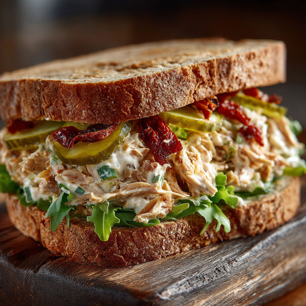 A sandwich on a wooden table.